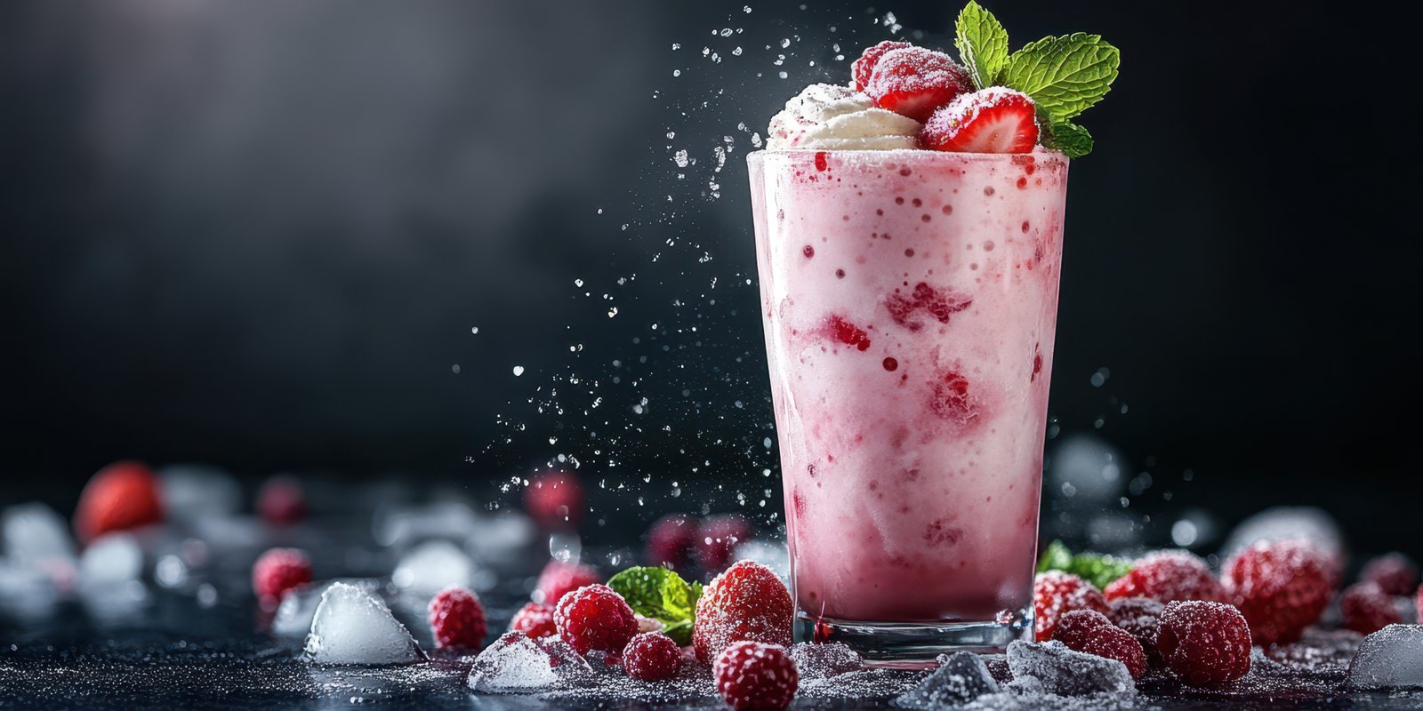 Refreshing raspberry milkshake topped with whipped cream and mint leaves surrounded by fresh raspberries and ice